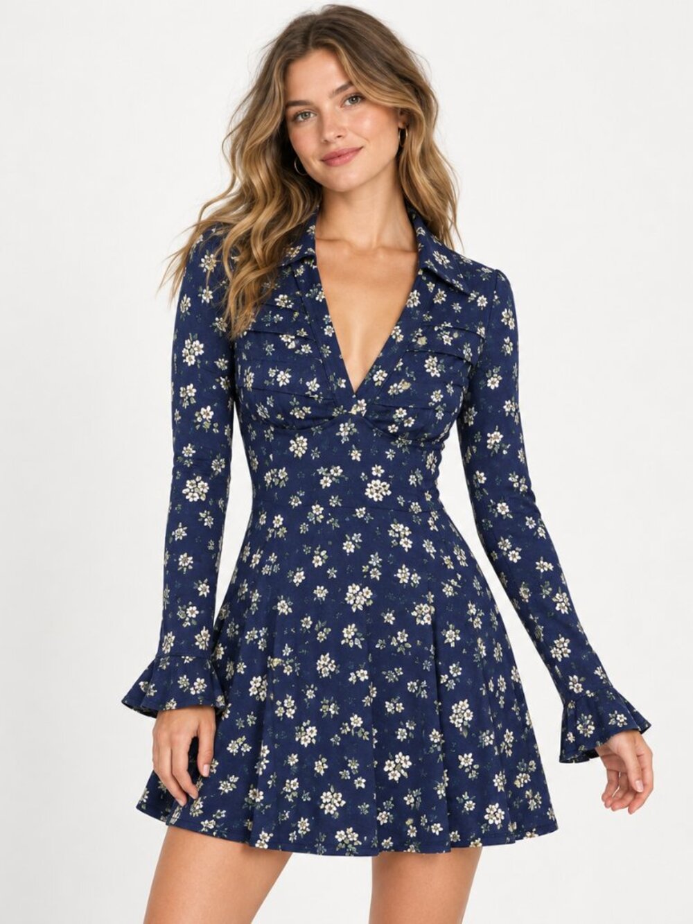 Free People Good Days Floral Mini Dress XS Blue V-Neck Lace Bell Sleeve